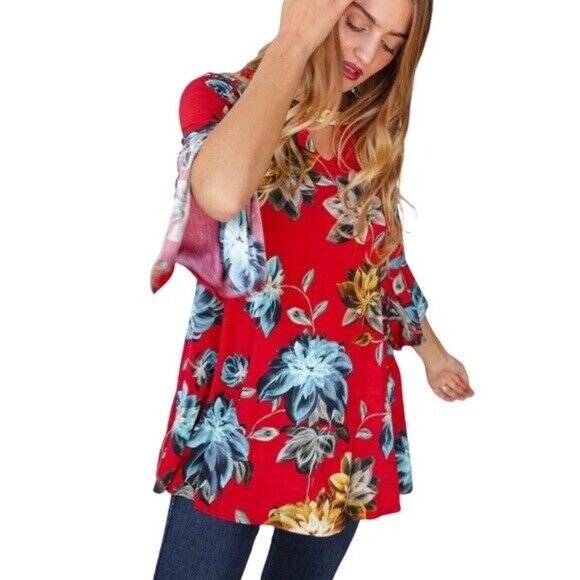 Floral Tunic Top Women Size Medium Summer Red Tropical Bell Sleeve Flowy - Picture 5 of 11